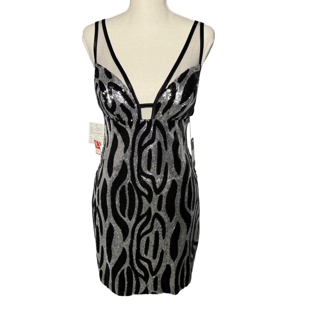 Faviana Sequin Cocktail Dress Womens Size 2 Black Silver Zebra Print Glam Mini